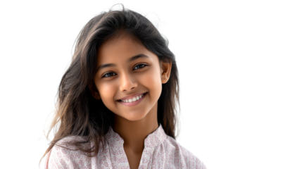 Closeup portrait of a happy young Indian girl with a radiant smile, engaging the viewer directly, suitable for themes of youth, health, and bright futures.