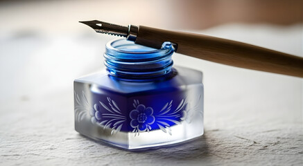 A vintage calligraphy pen rests elegantly on a classic blue inkwell
