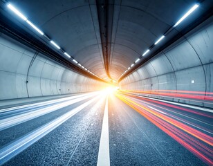 Long exposure shot of a brightly lit tunnel with car light trails