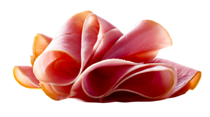 Freshly sliced savory cooked ham pieces arranged for a delectable culinary presentation ideal for meal preparation guides and supermarket advertisements.