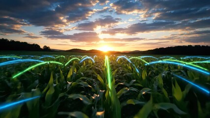 Field of vibrant green crops illuminated by glowing blue and green data connection arcs at golden hour sunset, concept for smart agriculture, digital farming analysis and modern crop monitoring