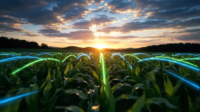 Field of vibrant green crops illuminated by glowing blue and green data connection arcs at golden hour sunset, concept for smart agriculture, digital farming analysis and modern crop monitoring