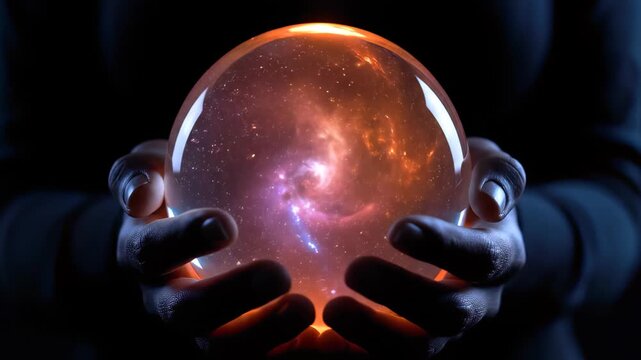 Dark hands holding a glowing crystal ball showing a detailed swirling nebula and cosmic dust inside against a black backdrop, concept for future predictions, cosmic exploration and spiritual guidance