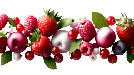 Vibrant selection of fresh summer fruits including juicy strawberries, ripe raspberries, colorful currants, and dark blueberries spread across a horizontal layout for advertising healthy