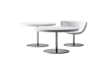 Modern minimalist white round tables and sleek contemporary chair with chrome bases perfectly suited for upscale interior decor product showcases and sophisticated commercial displays.