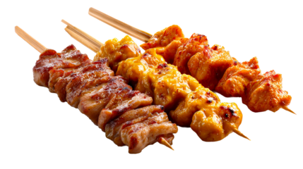 Savory grilled chicken and pork skewers with a glistening glaze arranged for a delicious meal presentation or a tempting addition to any restaurant menu or catering event