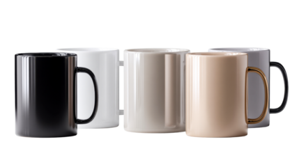 A collection of sleek ceramic coffee mugs in various neutral colors with different handle finishes ready for personalized branding and product presentations