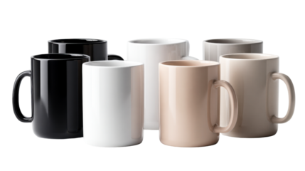A versatile collection of elegant ceramic coffee mugs in assorted neutral tones provides a perfect visual for kitchenware branding and beverage promotions.