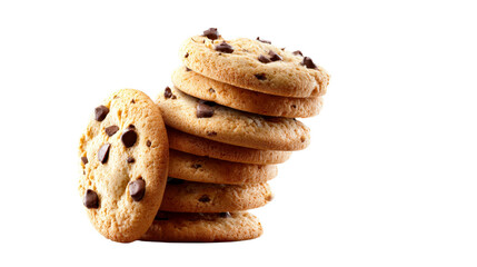 Delicious freshly baked chocolate chip cookies stacked high with crumbs falling, perfect for promoting sweet treats, dessert menus, or snack food products.