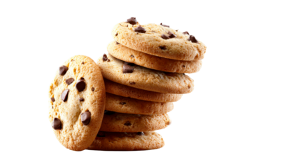 Delicious freshly baked chocolate chip cookies stacked high with crumbs falling, perfect for promoting sweet treats, dessert menus, or snack food products.