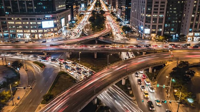 High aerial drone shot looking straight down onto a complex urban intersection where fast vehicle movement creates beautiful abstract motion blur streaks downtown, planning, drone