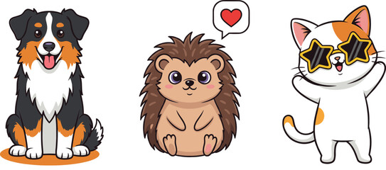 Cute cartoon dog hedgehog and cat characters set with funny expressions colorful animal illustration