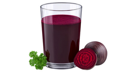 Refreshing beetroot juice in a clear glass with fresh whole and sliced beetroots and a garnish of parsley for healthy food and drink concepts