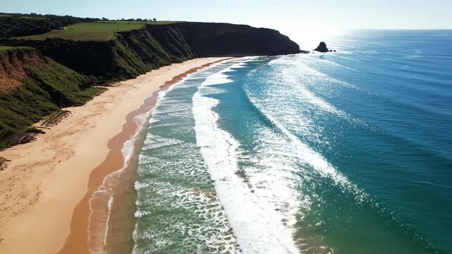 High aerial drone shot tracking slowly along a breathtaking curved turquoise coastline with small gentle waves breaking onto the golden shore sweeping, sand, sea