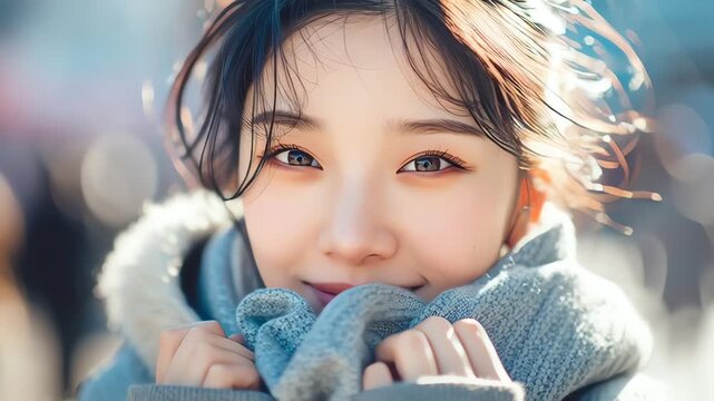 Beautiful Korean Girlfriend Hiding Face Outdoors in Winter Sunlight