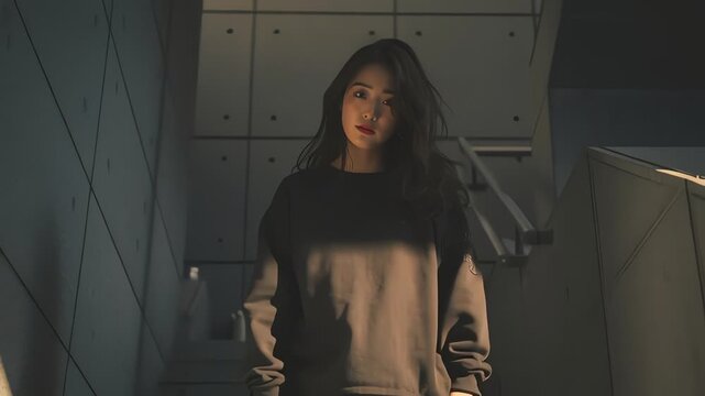 Stylish korean girlfriend posing on steps illuminated by sunlight