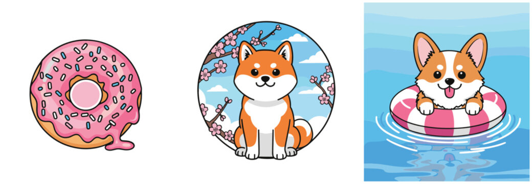 Cute cartoon donut shiba inu dog portraits and swimming puppy playful colorful illustration set