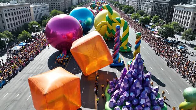 High aerial perspective of vast abstract multicolored inflatable shapes moving slowly along a wide paved surface representing a large scale celebration event, design, organization