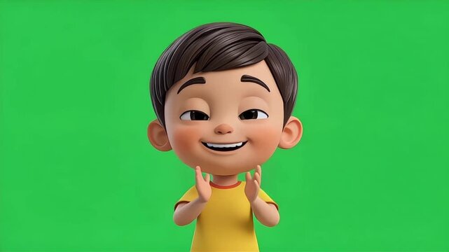 Cute 3D Cartoon Kid Character Showing Happy Reactions On Pure Green Screen For Creative Video Projects
