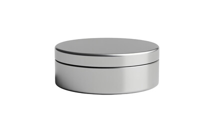 Silver Round Tin Container in Modern Minimalist Style with Soft Studio Lighting on White Background for Cosmetic Packaging
