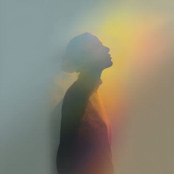 A genderless silhouette of a person slightly transparent set against a psychological background