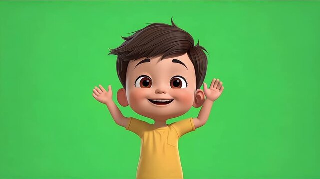 Cute 3D Cartoon Kid Character Showing Happy Reactions On Pure Green Screen For Creative Video Projects
