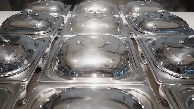 High angle overhead view of a perfectly aligned grid of silver catering chafing dishes on a white countertop highlighting symmetry and organization industrial kitchen, prepared, equipment