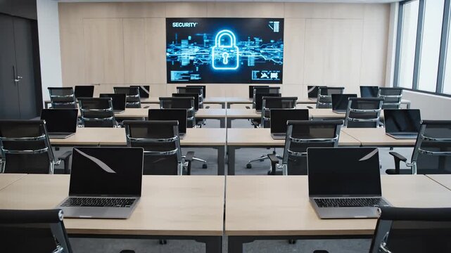 High angle overview of perfectly aligned empty classroom desks with professional sleek laptops ready for a corporate training session on digital security measures system, education, security