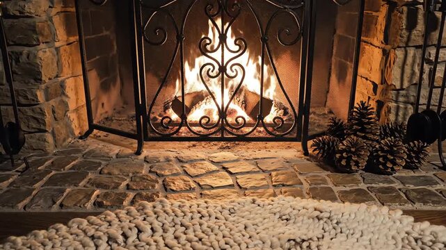 High angle static overhead shot looking down onto a rustic stone hearth with a fireplace screen and seasonal pine cones decorating the edge of a woolen rug clean, design, rug