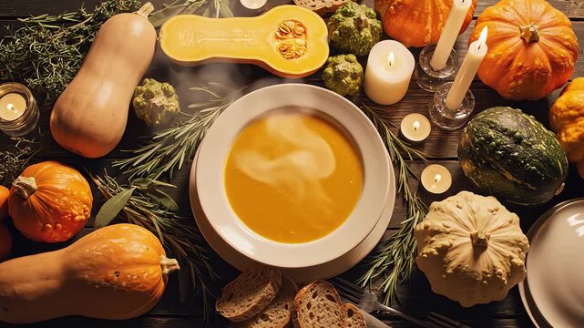 High angle static aerial view of an expertly composed autumn tablescape featuring a large serving bowl of pumpkin soup surrounded by fresh raw seasonal squashes and herbs vibrant, recipe, lay