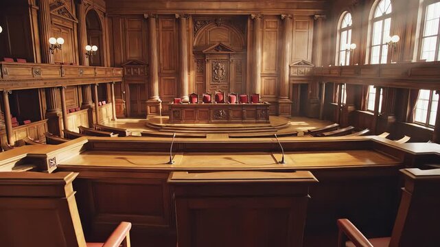 High angle sweeping crane shot descending slowly over the expansive empty spectator seating and the prominent judicial bench within a classically designed wooden tribunal hall vacant, power, angle