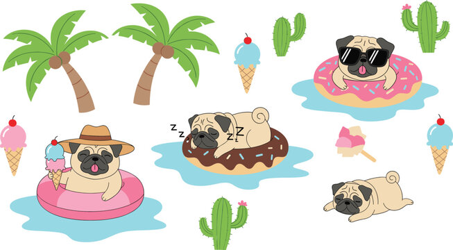 Cute cartoon pug dogs enjoying summer vacation pool floats ice cream and tropical elements illustration set