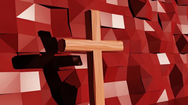 Minimalist geometric animation of a simple wooden cross casting a long, sharp shadow across a subtle moving faceted deep red wall background reverence, worship, subtle