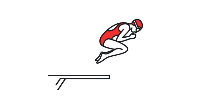 Athletic female diver in red swimsuit poised for jump from diving board.