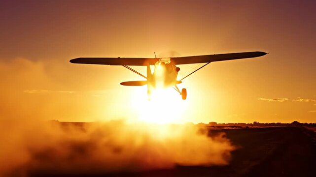 Small vintage plane taking off at golden sunset photography sequence
