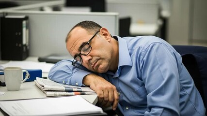 Tired Middle-Aged Businessman Sleeping at Desk in Office During Work Hours