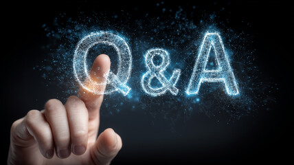 A finger interacting with a glowing Q and A symbol representing support, guidance, and interactive knowledge exchange.
