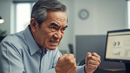 Angry Elderly Asian Man in Business Attire at Office Desk with Charts and Graphs - Powered by Adobe