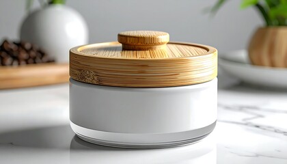 A white jar with a bamboo lid sits on a marble surface. Coffee beans and greenery are blurred in the background, creating a minimalist aesthetic