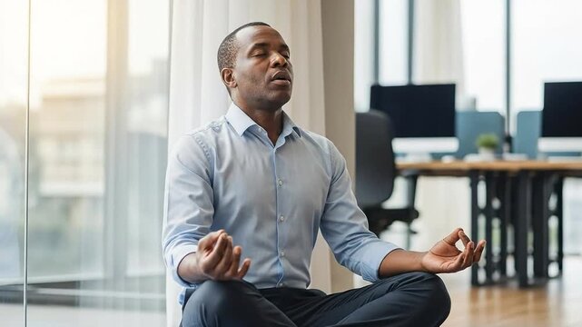 Mindfulness Meditation Practice in Modern Office Space by Adult Black Male