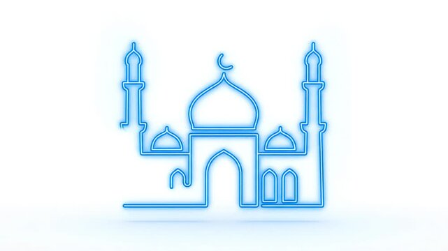 Minimalist vector animation of glowing blue line art drawing the clean architectural outline of a generic mosque silhouette on a pure white background design, dome, minaret