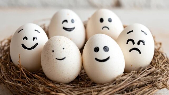 A whimsical close-up captures a group of natural eggs nestled within a rustic, handmade bird's nest. Each egg is adorned with a distinct hand-drawn facial expression, showcasing a range of emotions fr