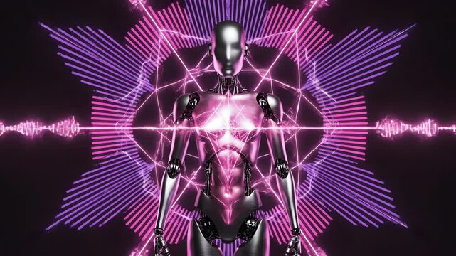 Minimalist stylized metallic robot silhouette standing still as abstract geometric pink and purple waveform patterns pulse outward across the screen metallic, looping, technology