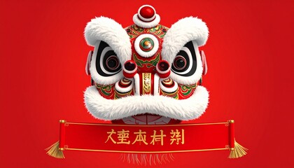 Vibrant lion dance head with red banner and golden accents