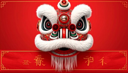 Vibrant lion dance head on red background with Chinese characters