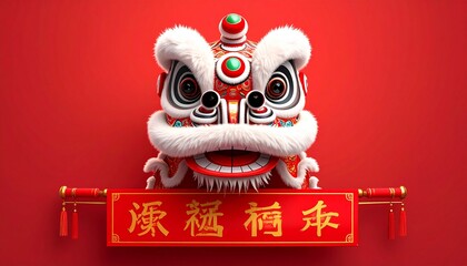 Vibrant lion dance head with red background and gold Chinese characters
