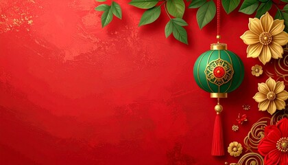Vibrant Chinese New Year background with green lantern and gold flowers