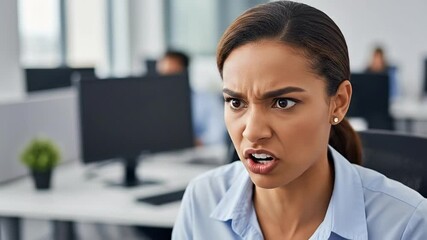 Angry Woman in Office Environment Expressing Frustration over Work Issues