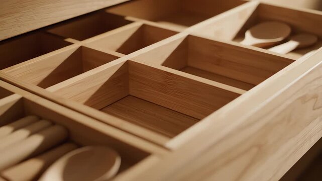 Modular wooden compartment divider slowly slides into place within an empty section of a custom kitchen organization drawer system modularity, organization, preparation