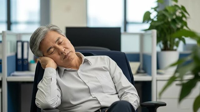 Elderly Asian Man Sleeping in Office Chair at Modern Workplace